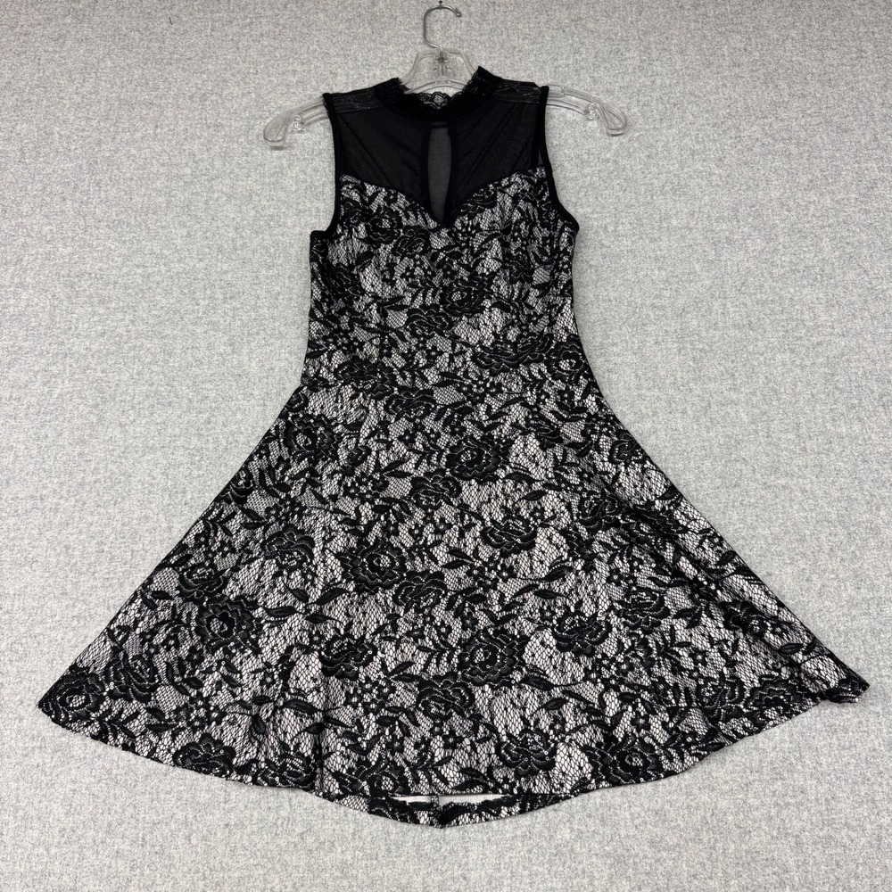 Black Floral Lace Sequin Fit and Flare Dress Sleeveless Mesh Yoke Cocktail Small